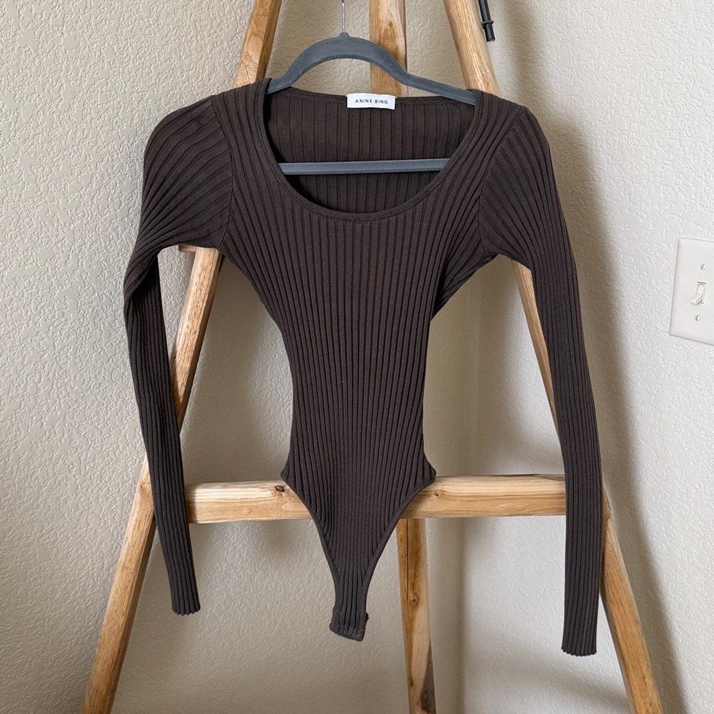 Anine Bing Felicity Ribbed Knit Bodysuit in Olive - Picture 9 of 14